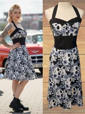 Retro Rockabilly Halter Skull & Floral Print Midi Dress Adjustable Tie S/M ~ NEW